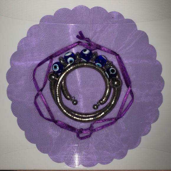 Silver Coil Evil Eye Bracelet/Choker – Blue Glass Beads, Wrap Style, Adjustable - Picture 7 of 9